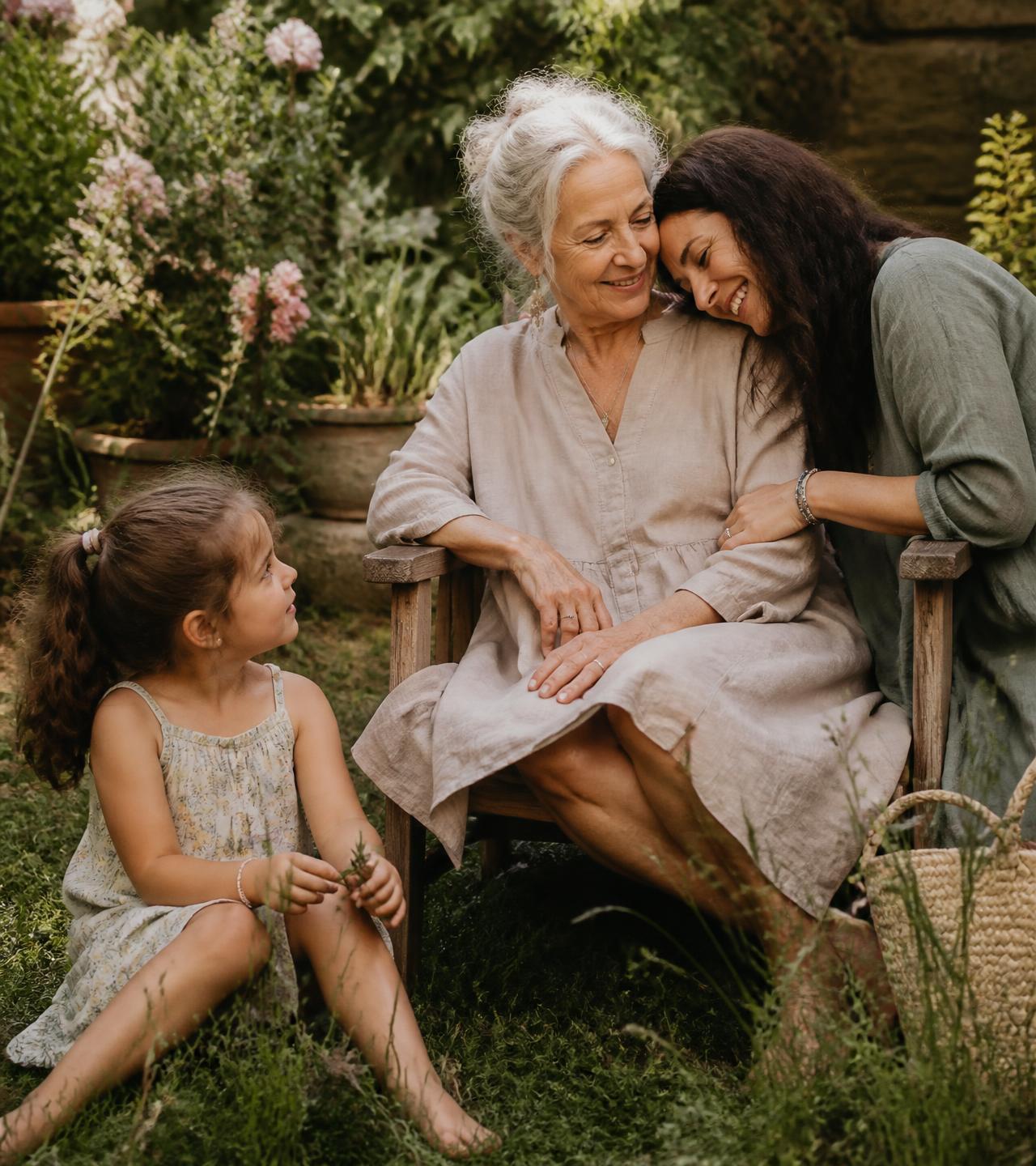 Three generations of a family sharing a relaxed afternoon together