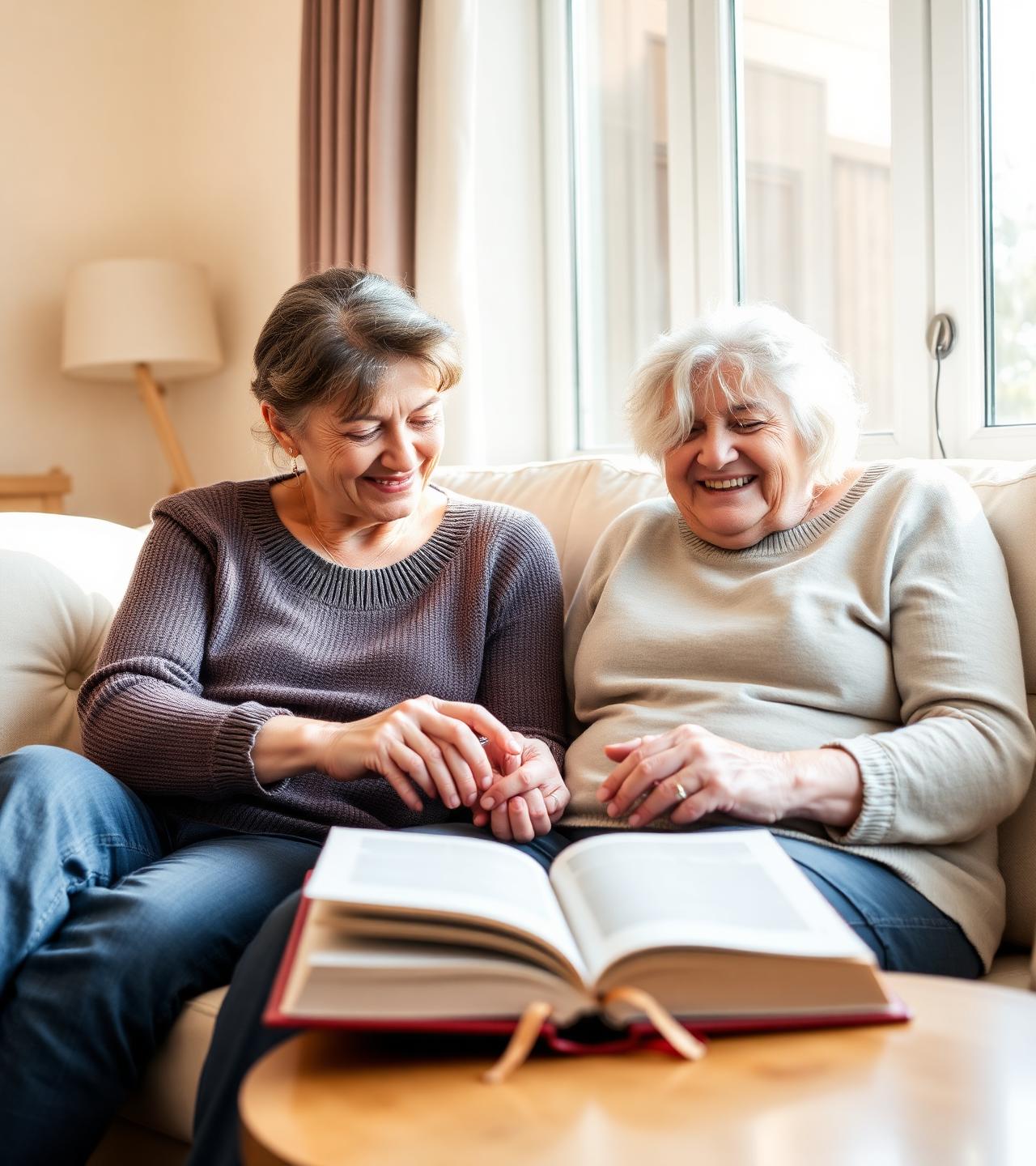 An adult daughter and her mother sharing a moment over a beautiful hardback memoir